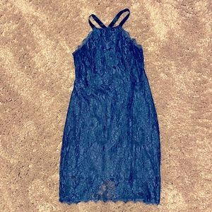 Lulus dress- blue, lace, ties in back/ open back, size L